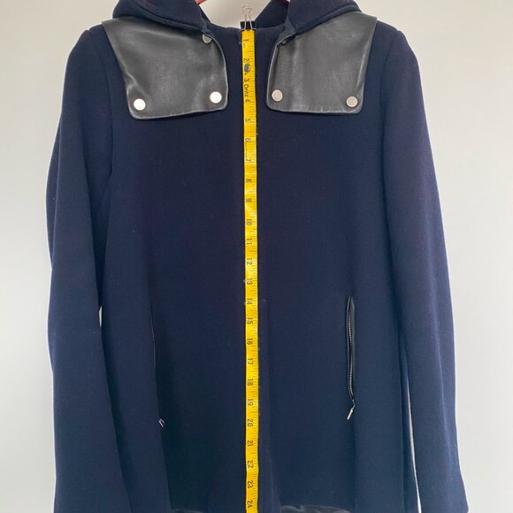 Sandro Women's Navy Wool Coat with Black Leather Trim, Size 40 - Picture 5 of 6